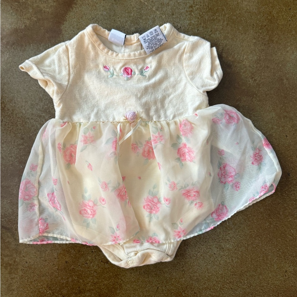9 month girls Floral soft butter yellow and Pink Baby Dress vintage y2k